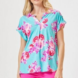 Bright Turquoise Floral Notch-Neck Lizzy Blouse with Pink Accents